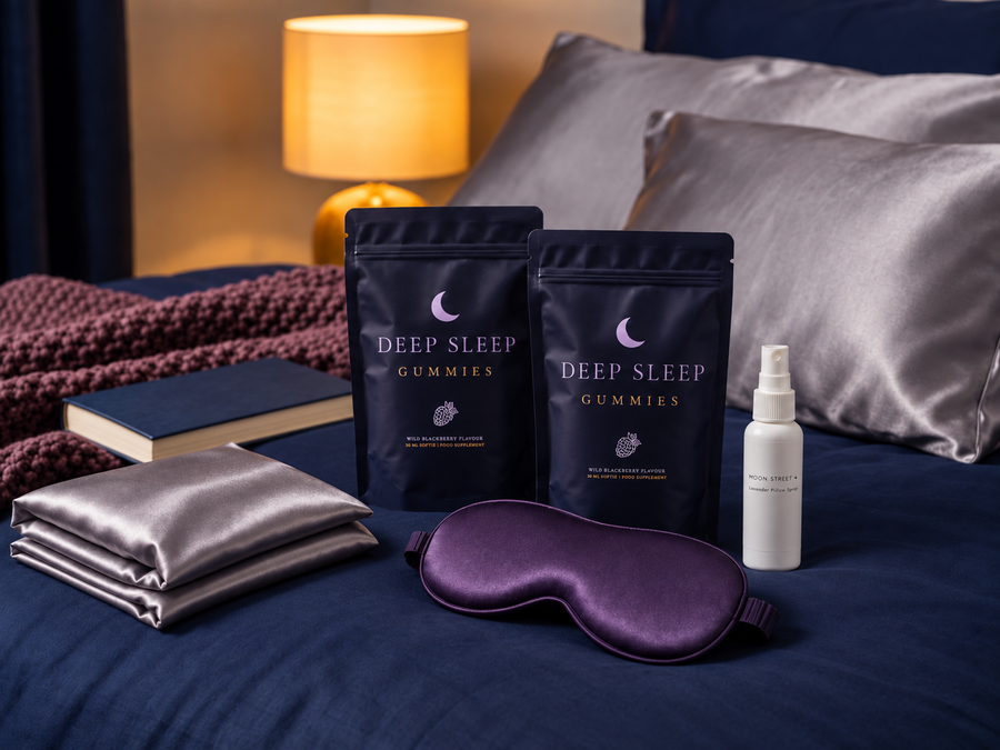 Moon Street Deep Sleep Gummies and Lavender Pillow Spray arranged on nighttime bedding