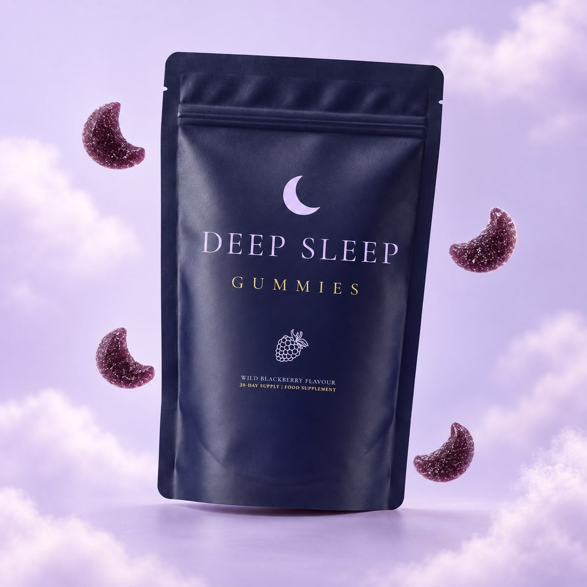 Deep Sleep Gummies surrounded by crescent gummies
