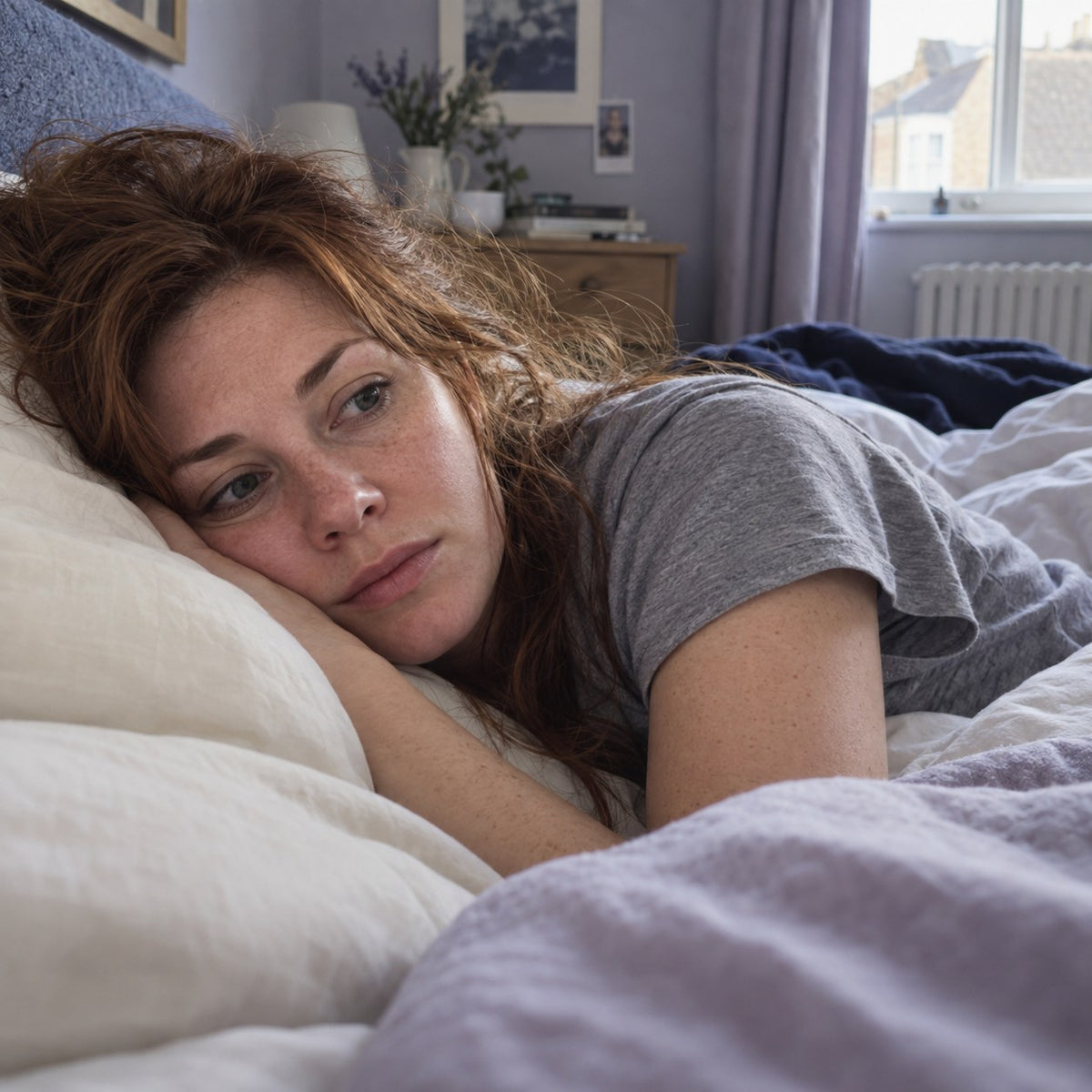 A woman resting her head on a pillow