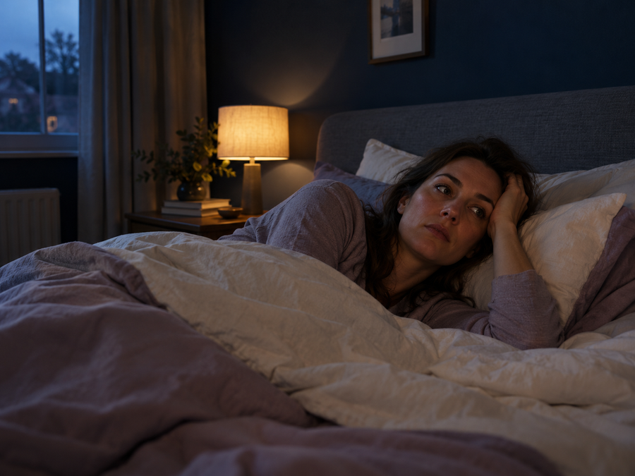 Woman lying awake at night in a calm Moon Street bedroom