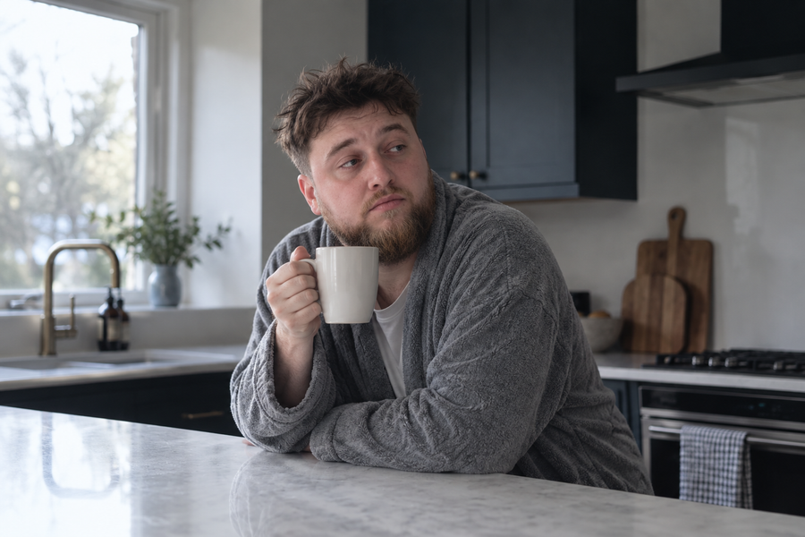 Tired man holding a mug in a quiet kitchen