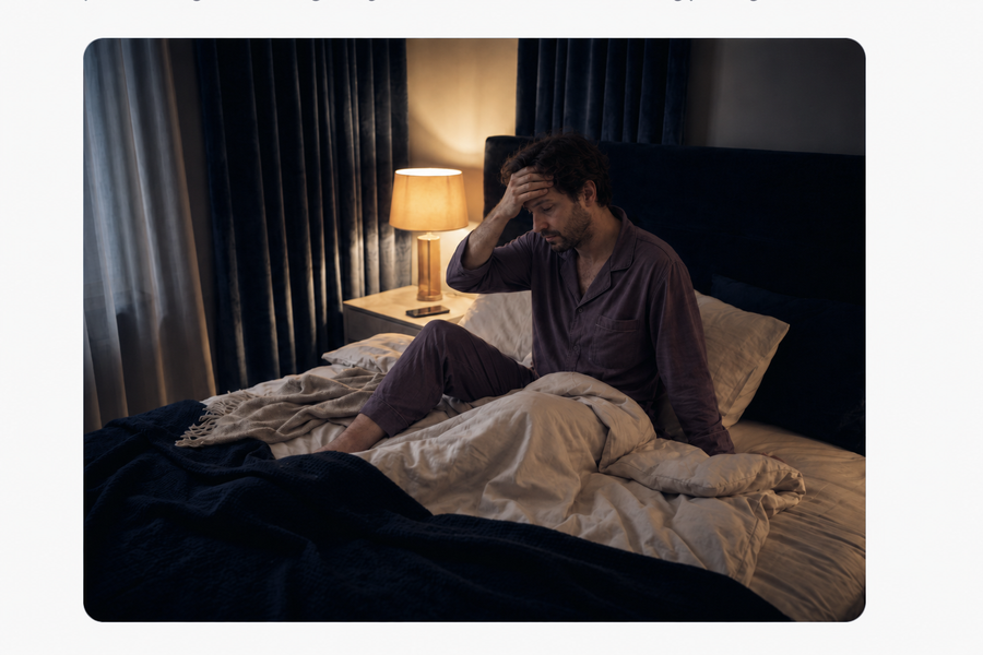 Tired man sitting in bed with his hand on his forehead in warm bedside light