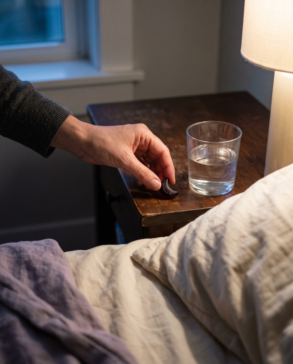 A crescent gummy beside a glass of water at bedtime