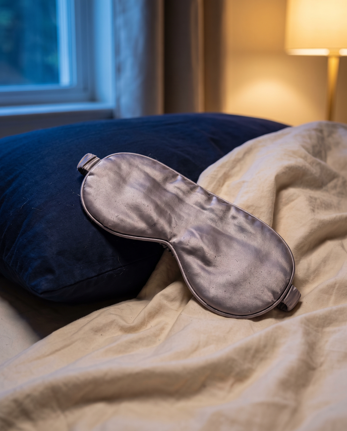 A silver sleep mask resting naturally on warm ivory bedding