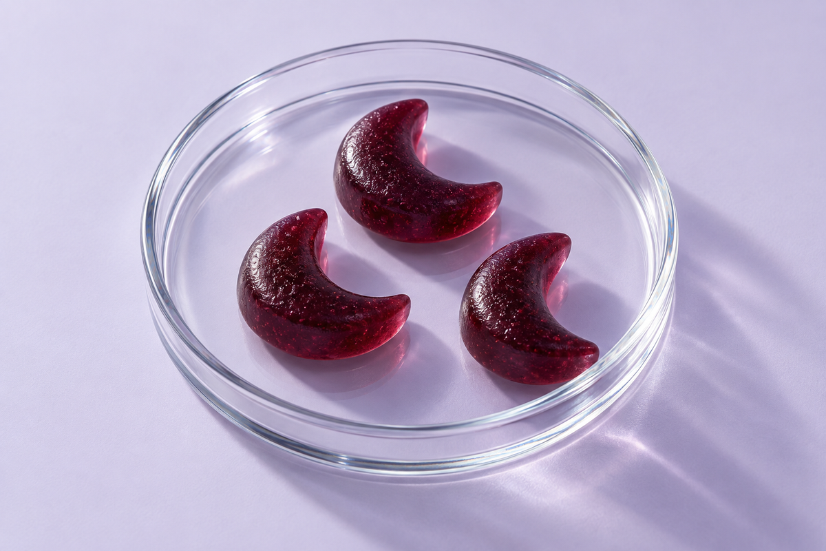 Blackberry crescent gummies in a glass petri dish on lavender