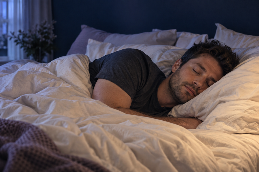 Man sleeping peacefully in a softly lit bedroom