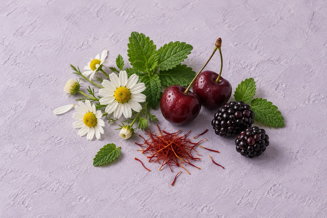 Chamomile, lemon balm, cherries, saffron and blackberries on lavender