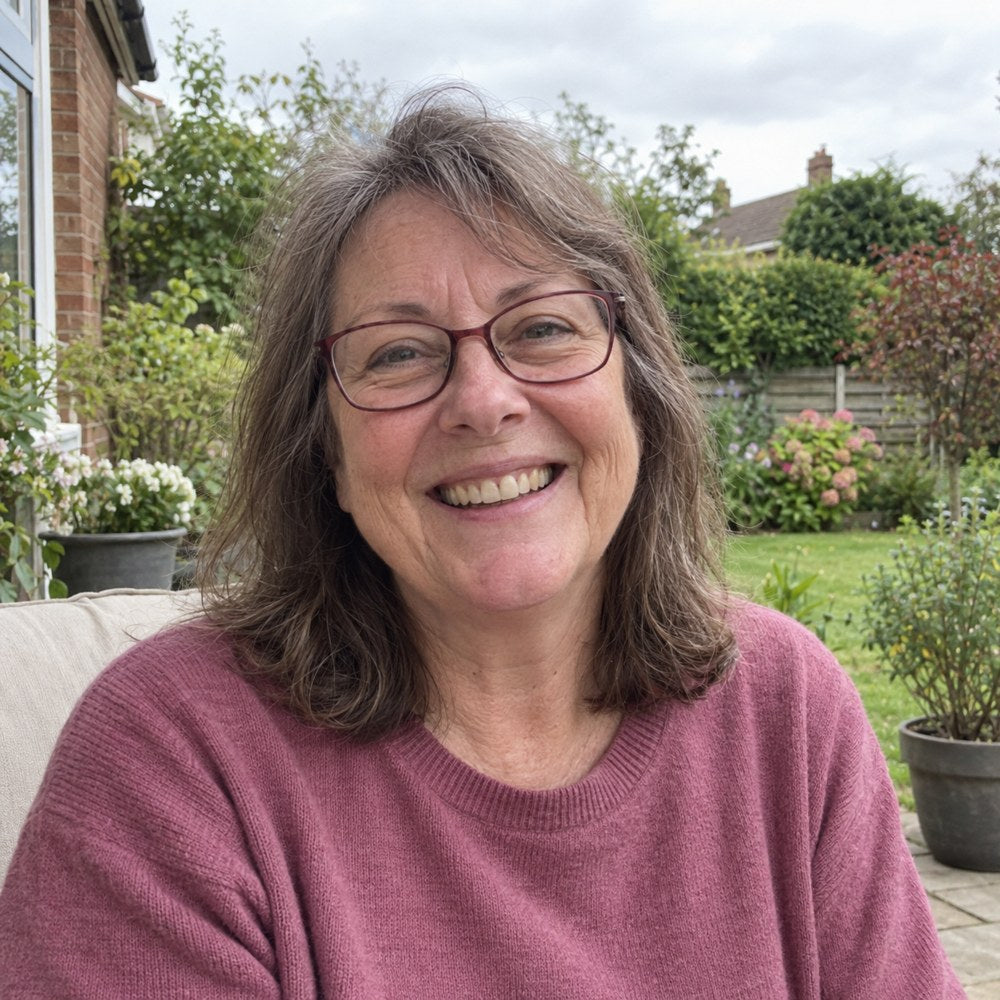 Illustrative portrait of a smiling woman in her garden