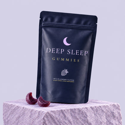 Deep Sleep Gummies on a lavender plinth